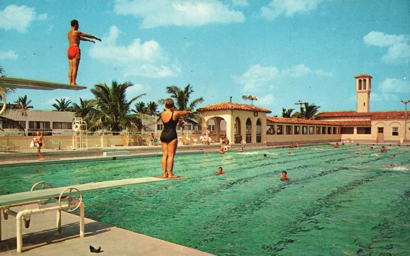 Vintage Postcard Municipal Olympic Pool Fort Lauderdale Florida Plastichrome Pub 