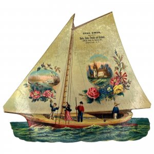 Chas Simon Co Syracuse New York SAILBOAT Antique Die Cut Victorian Trade Card