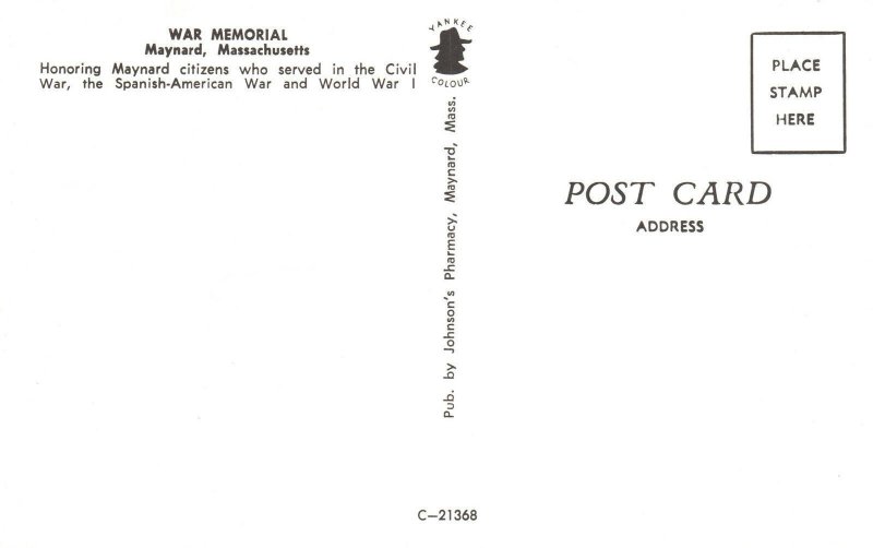 Postcard War Memorial Spanish-American Civil War Citizens Maynard Massachusetts