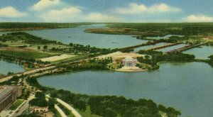 Postcard Aerial View of Potomac River, Jefferson Memorial & Washington Airport.