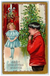 1910 Christmas Tree Decorated Girl Under Mistletoe Bunceton Missouri MO Postcard