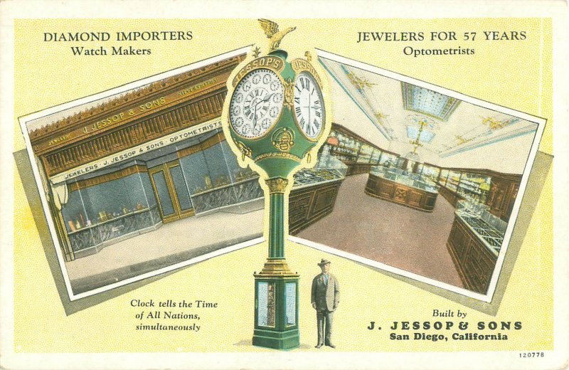 Vintage San Diego CA Postcard Jessop's Clock, Views of Shop, Pre-1930