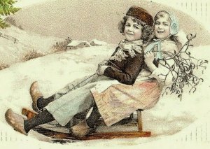 1907-15 Christmas Postcard Sled Kids Vtg Embossed Sleigh Merry Winter Wood Shoes 