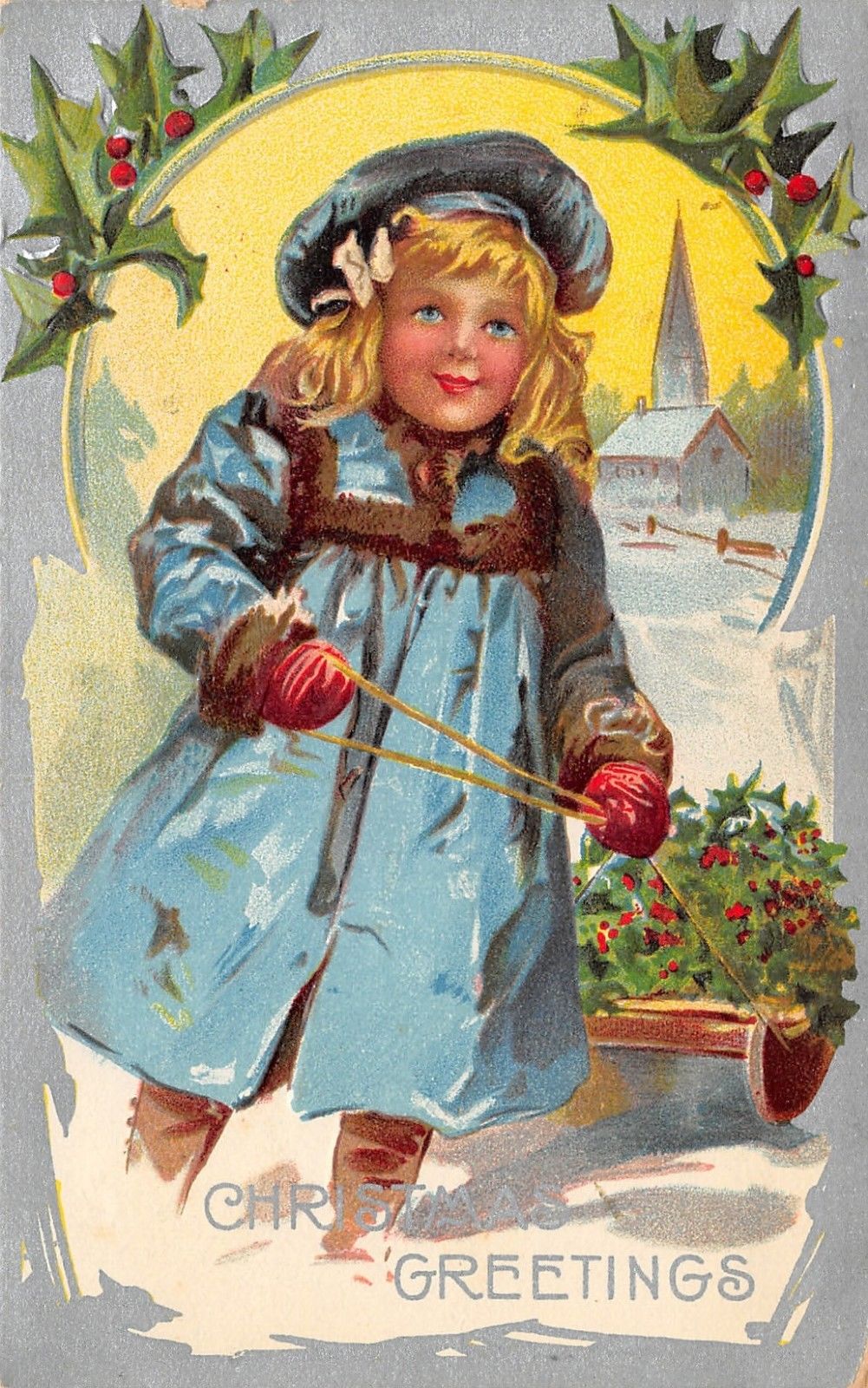 Christmas Victorian Blonde Hair Blue Eye Girl Pulls Holly Sled