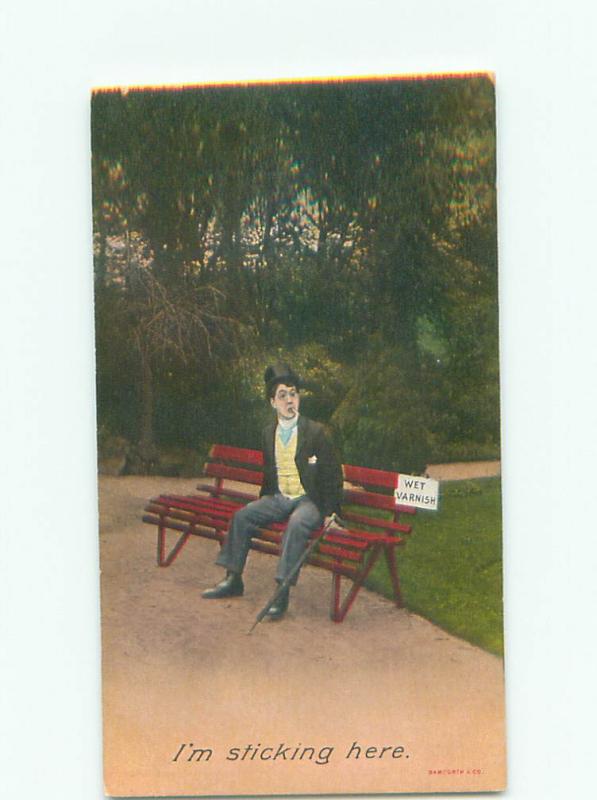 Unused Bamforth comic MAN STUCK TO WET PAINT ON PARK BENCH k8052