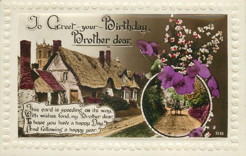 Postcard Greetings birthday flowers brother multi view street house