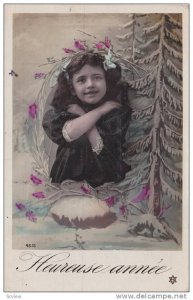 RP; Heureuse annee, Hand-colored, Girl hugging herself, surrounded by flowers...