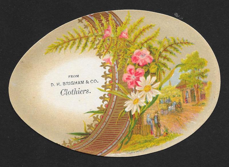 VICTORIAN TRADE CARDS (4) Brigham Clothiers Egg Shape Flowers, Birds, Town Views