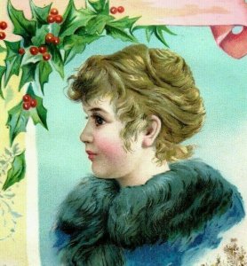 1880s-90s Christmas Lion Coffee Woolson Spice Co. Lovely Girl Holly Winter *D