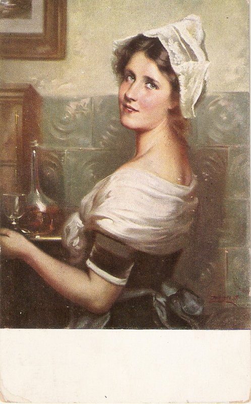 Pretty lady with a tray. Liddy Fine painting, vintage Hugarian postcard