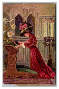 Vintage 1900's Easter Postcard Religious Woman Kneeling Pew Gold Lettering NICE