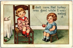 Little Boy Over Eats, I Don't Care, That Turkey Was Good c1913 Postcard D14