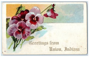 1910 Greetings From Union Indiana IN Embossed Flowers Vintage Antique Postcard