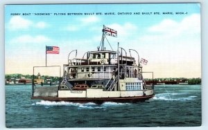 SAULT STE. MARIE, MI ~Car Ferry Boat AGOMING c1940s Linen Ship  Postcard