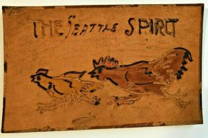 THE SEATTLE WASHINGTON SPIRIT~CHICKEN CHASES CHICKEN~1900s LEATHER POSTCARD