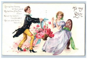 C1910 Lovely Couple Roses Valentines Day Postcard F108E