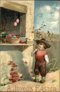 Little Boy Eyes Colorful Easter Eggs in Window c1910 Vintage Postcard