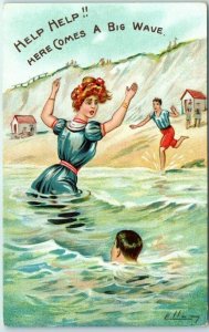 M-36195 People Swimming Art Print Help Help Here Comes A Big Wave