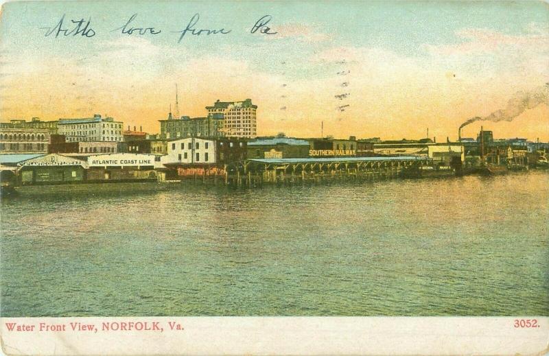 Norfolk, VA Water Front View Atlantic Coast Line, Southern Railway 1908 Postcard