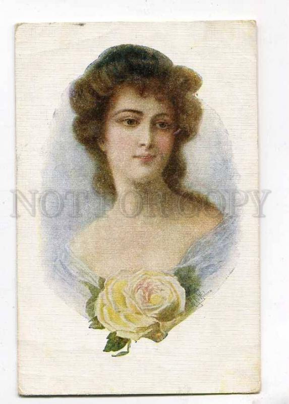 258452 Russia WICHERA girl yellow rose Vintage Fedorov PC