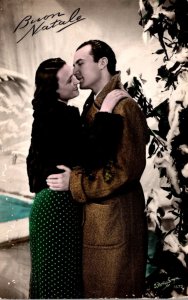 Romantic Couple Embracing Buon Natale Color Tinted Real Photo Italy