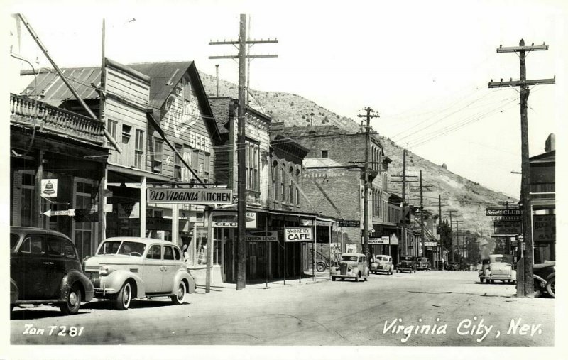 Virginia City, Nevada, Street Scene, Cars, Shops (1950s) RPPC Postcard