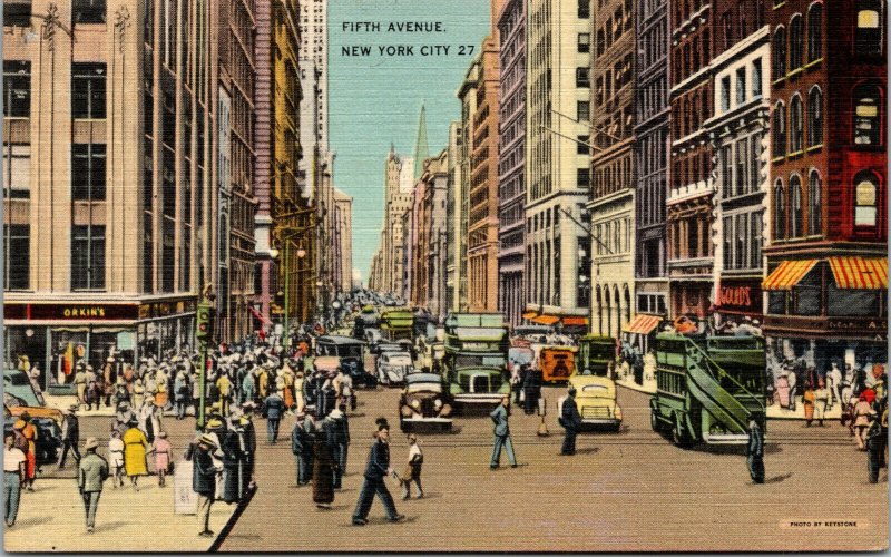 Vtg 1940s Fifth Avenue Street Scene Old Cars Buses New York City NY Postcard