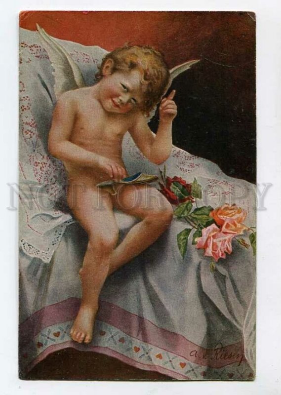 3088837 NUDE CUPID Winged ANGEL on Bed w/ ROSES by REISEN old