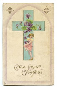 Postcard Glad Easter Greetings Vintage Standard View Card Cross Girl Flowers 