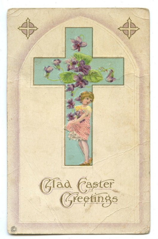 Postcard Glad Easter Greetings Vintage Standard View Card Cross Girl Flowers