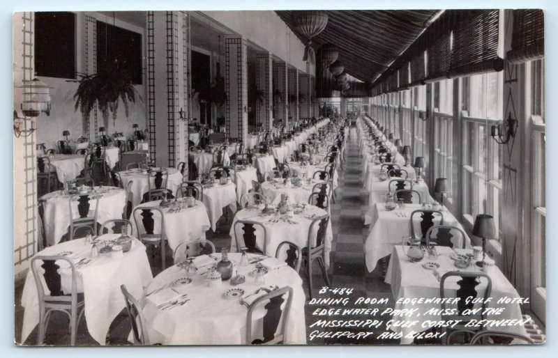 RPPC EDGEWATER GULF HOTEL, Mississippi MS ~ DINING ROOM c1940s  Postcard