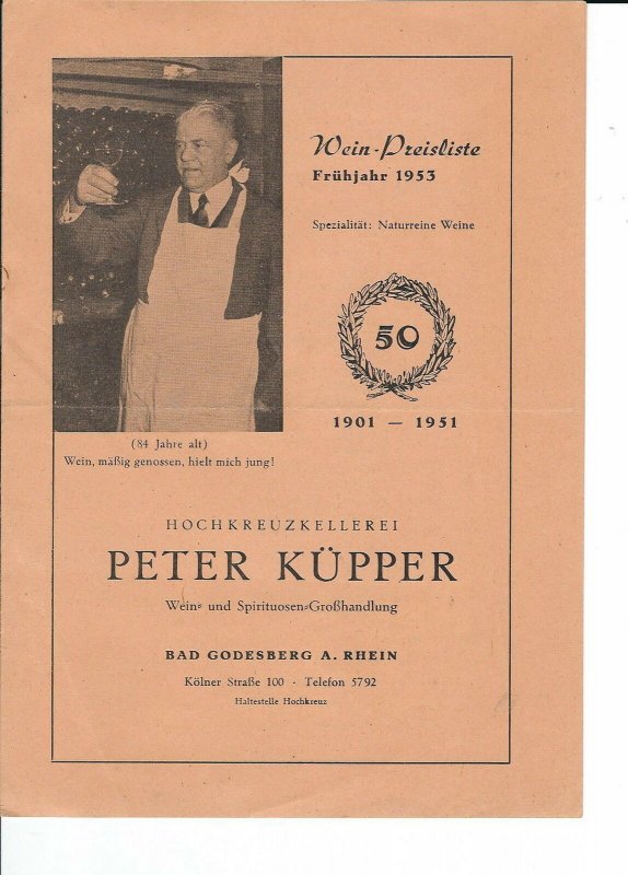 MC-149 - 1953 Peter Kupper, Wine Pricelist Fruhjahr 50th Anniversary 1901-51