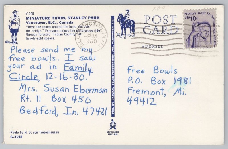 Transportation~Miniature Train Stanley Park Vancouver BC~Vintage Postcard 