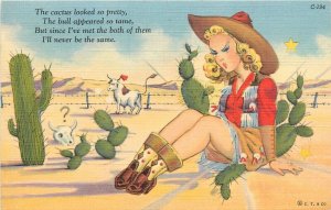 Postcard 1940s Sexy Cowgirl woman cactus comic humor Teich linen TP24-1090