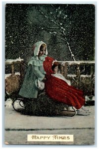 c1910's Happy Times Children Sled On Winter Snowfalls Unposted Antique Postcard