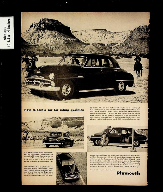 1951 Plymouth Test a Car for Riding Qualities Vintage Print Ad 015703