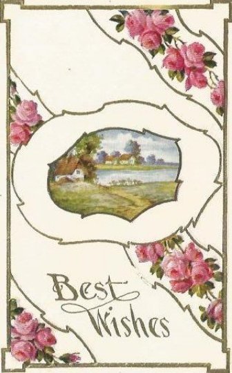 Pretty Pink Country Rose Country Cottage Lake Scene Vintage Postcard Best Wishes