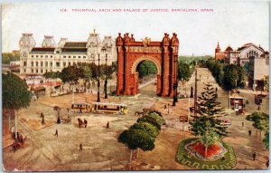 postcard Barcelona, Spain - Triumphal Arch and Palace of Justice