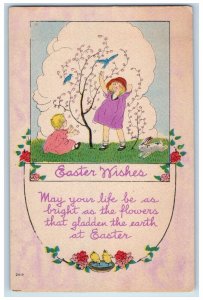 c1910's Easter Wishes Children Playing Birds Rabbit Flowers Arts Crafts Postcard