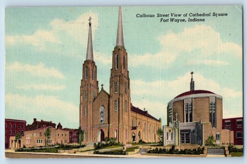 Fort Wayne Indiana Postcard Calhoun Street View Cathedral Square Building 1953