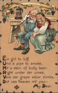 Tuck Leatherette Valentine German Couple Beer Poem Verse c1910 Postcard