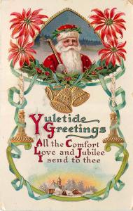 Embossed Chromograph Christmas Postcard 7174 Santa Claus Poinsettia & Gold Bells