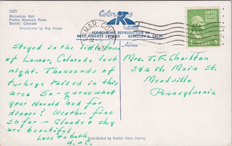 Beulah CO Recreation Hall Pueblo Mountain Parks c1953 Vintage Postcard H20