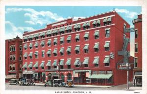 Concord New Hampshire~Eagle Hotel~Book Store~Parked Cars~1920s Postcard