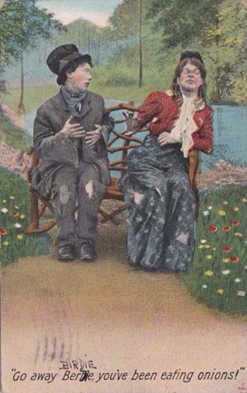 Bamforth Couple Sitting On Bench Go Away Birdie You've Been Eating Onions 1910