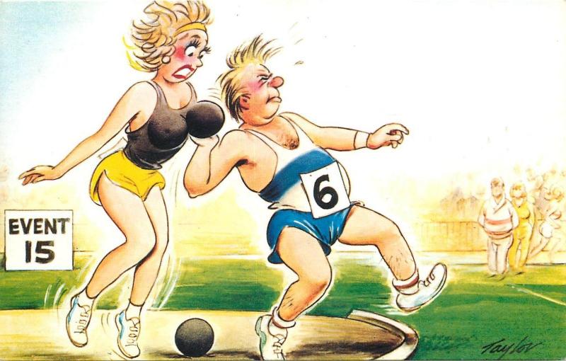 Comic Humour, Taylor Signed Funny Sportsman woman brest weights thrower