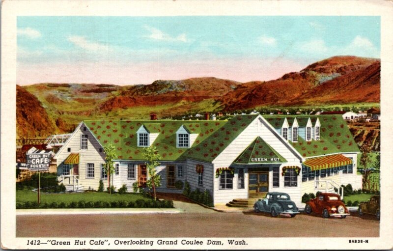 Linen Postcard Green Hut Cafe, Overlooking Grand Coulee Dam, Washington