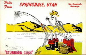 Vtg Stubborn Cuss Skeleton Fishing Hello from Springdale Utah UT Comic Postcard