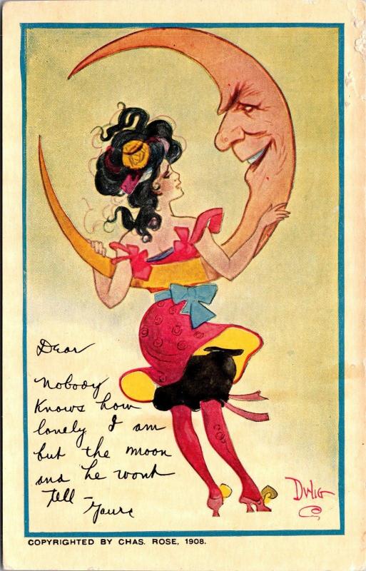 Woman with Man in the Moon by DWIG, Vintage Postcard J11