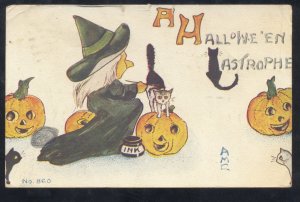 VINTAGE HALLOWEEN POSTCARD H.A. OWEN #860 WITCH JACK-O-LANTERN BLACK CAT 1911